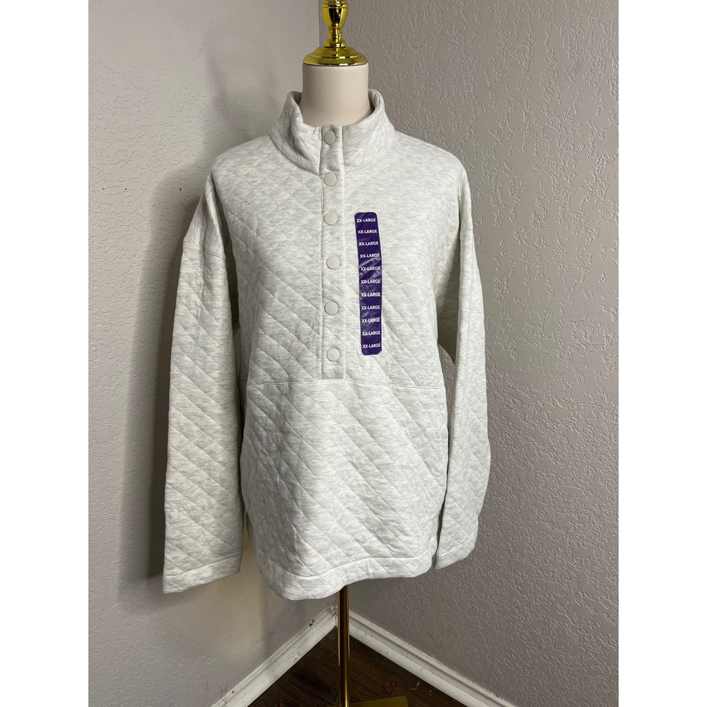 Eddie Bauer Quilted Pullover Womens XXL Cream Mock Neck Button Up Top